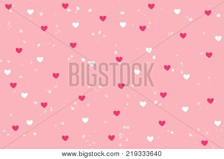 Pink and white heart shape with snowfall background. Lovely pink heart on sweet pink wallpaper with copy space. Illustration raster pattern love theme with heart shape on Valentine's day concept for product display and other. Sweet pink heart pattern.