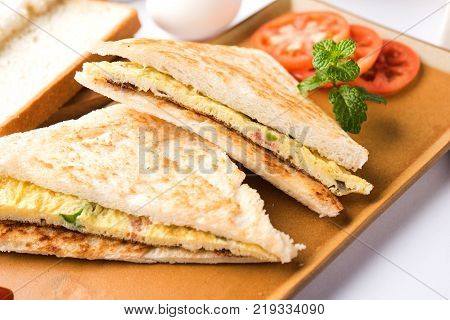 Indian Bread omelette / omlet / omlete sandwich served with tomato ketchup