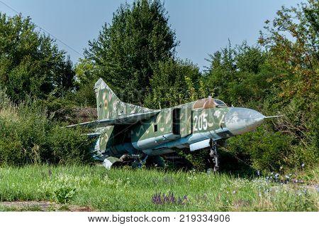 TIMISOARA ROMANIA - JULY 20 2013: Open doors festival. Air show at the Traian Vuia airport. Old weathered Mikoyan-Gurevich MiG-23MF