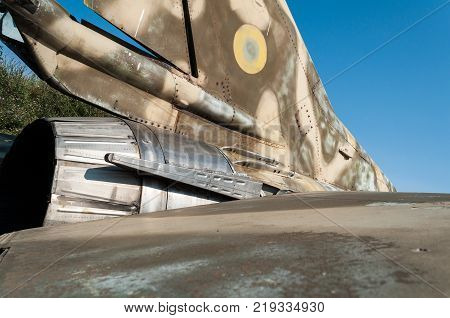 TIMISOARA ROMANIA - JULY 20 2013: Open doors festival. Air show at the Traian Vuia airport. Tail of an old weathered Mikoyan-Gurevich MiG-23MF.