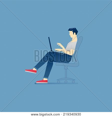 Remote work illustration of male character sitting in an armchair and working on computer in home office. Vector outsource and freelance concept for banners, info graphics or landing pages of website.