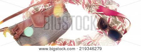 Banner Set of women accessories Scarf Handbag Sunglasses Belt. Womens fashion flat lay