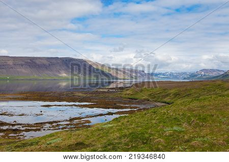 View of misty coast in Westfjords of Iceland.