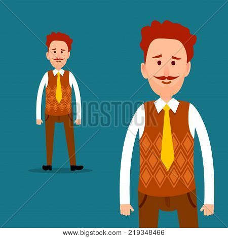 Office worker or clerk character. Red-haired mustached man in orange cardigan knitted waistcoat and tie half-length and full-length portraits flat vector. Businessman or manager cartoon illustration