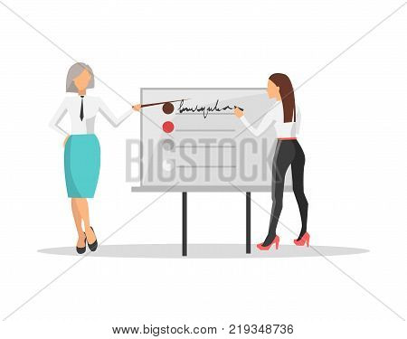 Business train and two women, one of them pointing on whiteboar and other is writing list on it, on vector illustration isolated on white