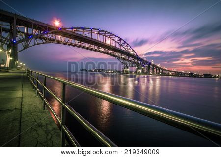 Blue Water Bridge Cityscape Panorama. The waterfront district of Port Huron, Michigan with the Blue Water Bridge. The Bridge connects the USA and Canada.