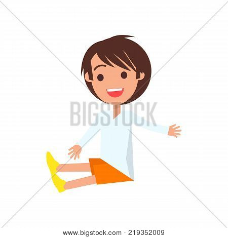 Joyful boy with brown medium length hair wearing sweater, orange shorts, yellow shoes isolated vector illustration on white background