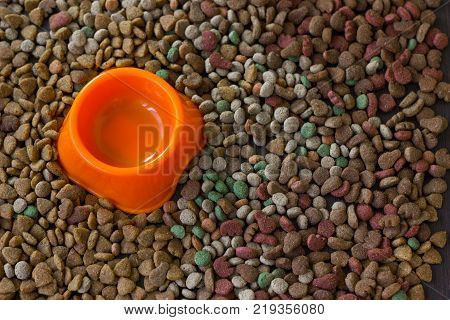 Empty plastic bowl surrounded by dry pet food