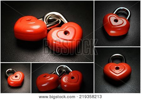 Romantic love background. Red  padlock on a black background. Photocollage.