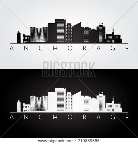 Anchorage usa skyline and landmarks silhouette black and white design vector illustration.