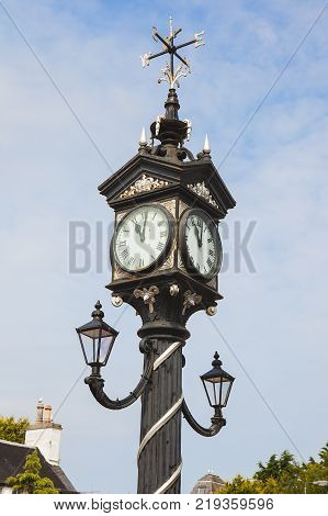 Historical street clock in Ullapool in Scotland. North west Scotland in United Kingdom.