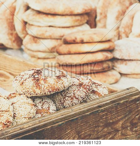 Typical Traditional Moroccan Bread Sesame Seeds On Street Food Stall, Marrakesh, Morocco