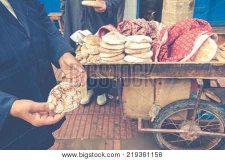 Typical Traditional Moroccan Bread Sesame Seeds On Street Food Stall, Marrakesh, Morocco