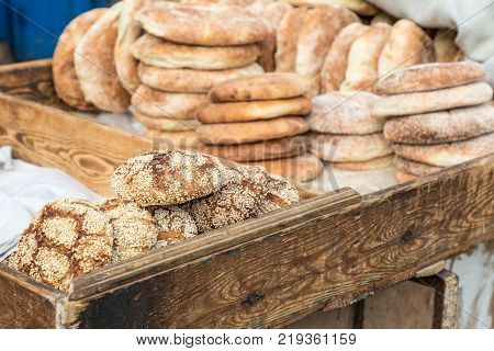 Typical Traditional Moroccan Bread Sesame Seeds On Street Food Stall, Marrakesh, Morocco