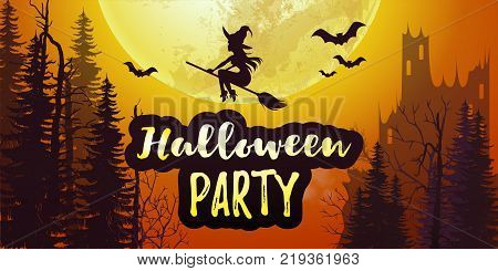 Vector stock Halloween party poster banner with big full moon and dark forest and castle with bats and flying witch in the orange sky. 31 November scary night background  Flyer or invitation template.