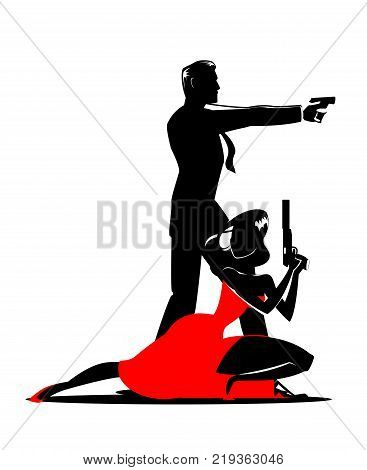 Team of secret agents. Posing on camera. Sexual woman in red dress. Illustration
