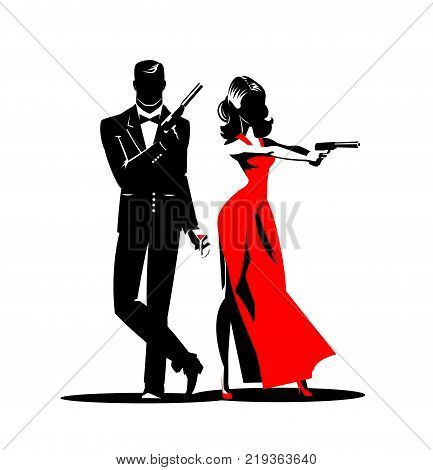 Team of secret agents. Posing on camera. Sexual woman in red dress. Illustration