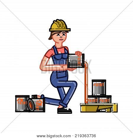 Builder pours paint in the tray. Vector sketch cartoon illustration.