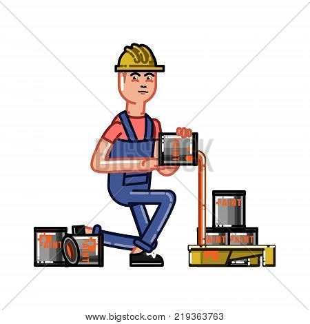 Builder pours paint in the tray. Vector sketch cartoon illustration.