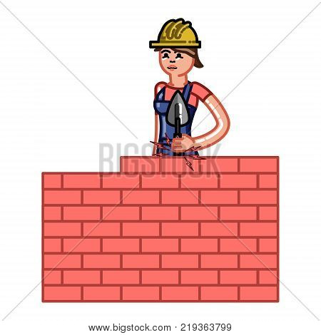 Builder woman build a brick wall. Vector sketch cartoon illustration.