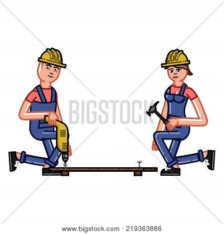 Builder works with a drill and his partner clogs nail with hummer. Vector sketch cartoon illustration.