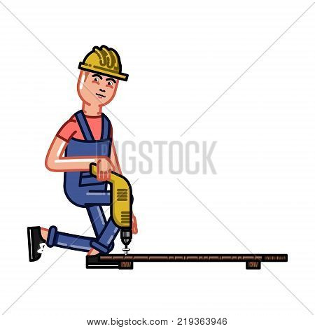 Builder works with a drill. Vector sketch cartoon illustration.