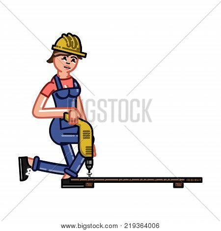 Builder works with a drill. Vector sketch cartoon illustration.
