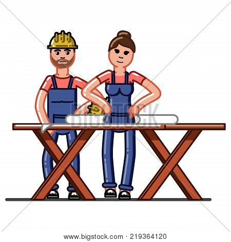 Builders crew exploring the drawings. Vector sketch cartoon illustration.