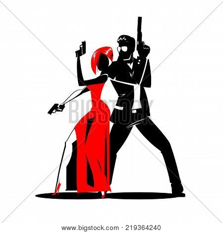 Team of secret agents. Posing on camera. Sexual woman in red dress. Illustration