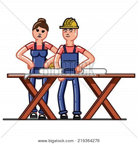 Builders crew exploring the drawings. Vector sketch cartoon illustration.