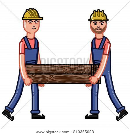 Two builders bears a timber. Vector sketch cartoon illustration.