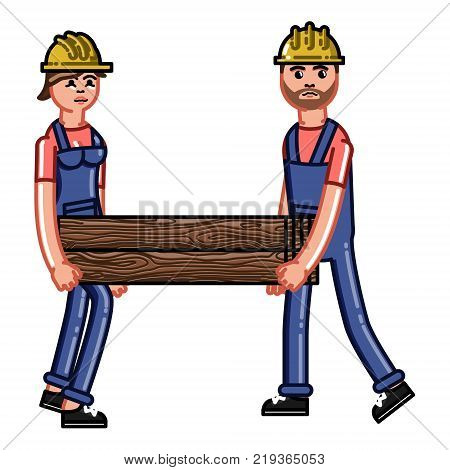 Two builders bears a timber. Vector sketch cartoon illustration.