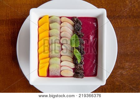 Healthy breakfast concept. fruit smothie. Delicious colorfull breakfast