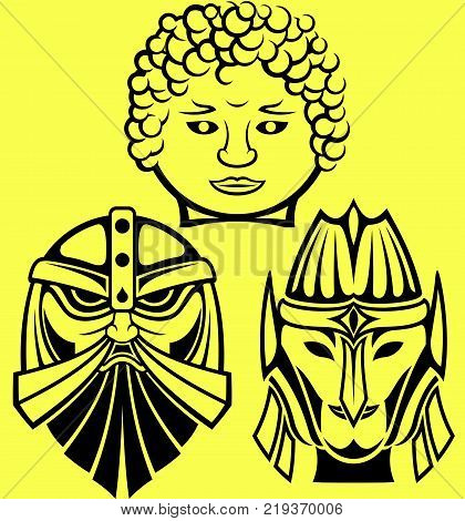 Black flat arts with different fantasy races on yellow background