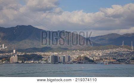 Hiroshima Japan - Dec 28 2015. Landscape of Miyajimaguchi Town in Hiroshima Japan. The town is located on Route 2 from Osaka to Fukuoka.