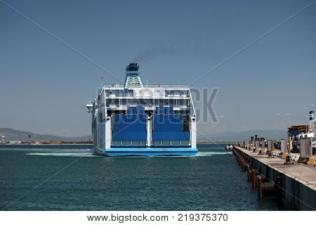 Italy, Piobmbino  -June 6, 2010, Ferry boat going to port