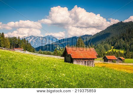 Picturesque view of green meadows near the Kaltenbrunn village. Sunny summer morning in Wetterstein Mountains Bavaria Germany Europe. Artistic style post processed photo.