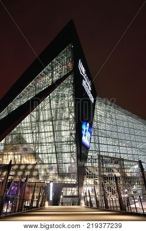MINNEAPOLIS MN USA - February 6 2017: Minnesota Vikings US Bank Stadium in Minneapolis at Night site of Super Bowl LII (52)