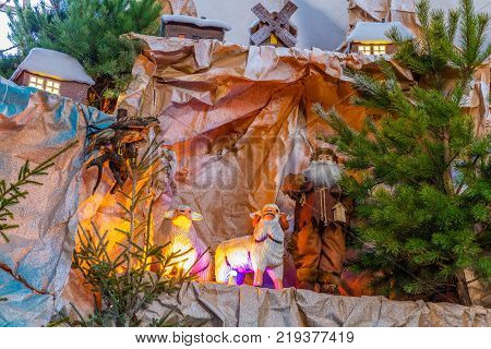 TERNOPIL UKRAINE - JUN 3 2017: Christmas nativity scene in Church of Saints Peter and Paul in Ternopil. A scene from the biblical story of the birth of Jesus Christ.