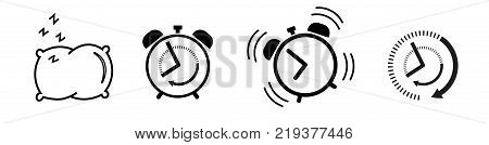 Sleep and wake up Icon set alarm clock, pillow, ringing alarm clock, clock deadline. Wake up or get up concept. Time sign isolated on white background in flat style