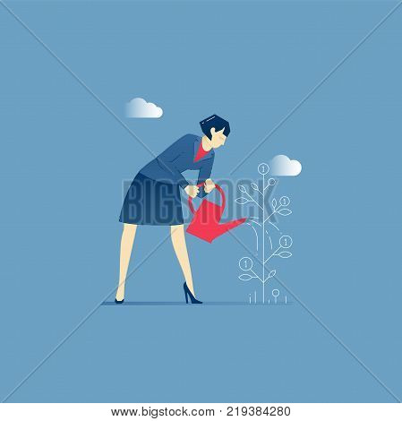 Vector illustration of businessman character standing and watering the money tree with a watering can. Vector investment concept for banners, infographics or landing pages of website