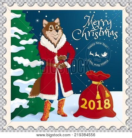 Postage stamp with a dog dressed as Santa Claus. Symbol of the New Year of 2018 and Christmas, according to the Eastern calendar. On a transparent background. With Christmas fir in the background. Vector illustration