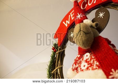 Christmas Decorations With Reindeer With Red Scarf And Wooden Frame