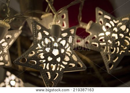 Christmas Decorations With White Star And Led Lights With Red Beads