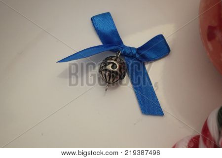 Christmas decorations with adornment sugar sticks with blue ribbon
