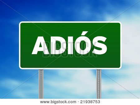 Zelené dopravní značka s aplikací Word Adios