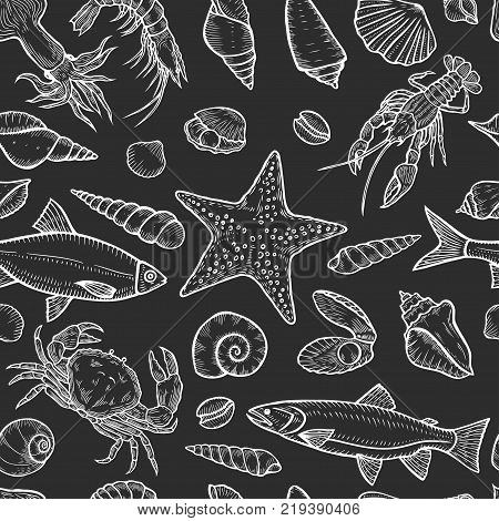 Hand drawn Marine seamless background from sea shells and stars. Nautical pattern with shellfishes isolated on black.