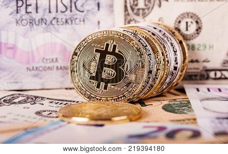 Bitcoin Virtual Currency. Trading with Bitcoin. The risk of buying a virtual currency. Crypto Currency background concept various banknotes in the background