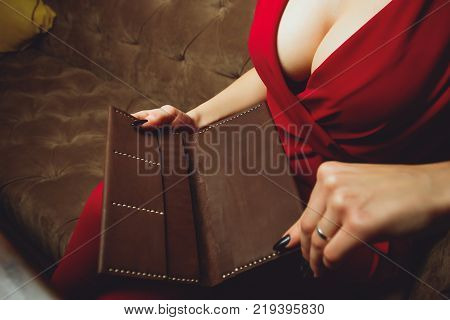girl red dress breast clutch purse boobs