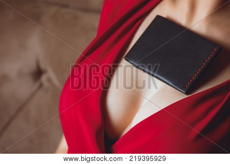 girl red dress breast clutch purse boobs